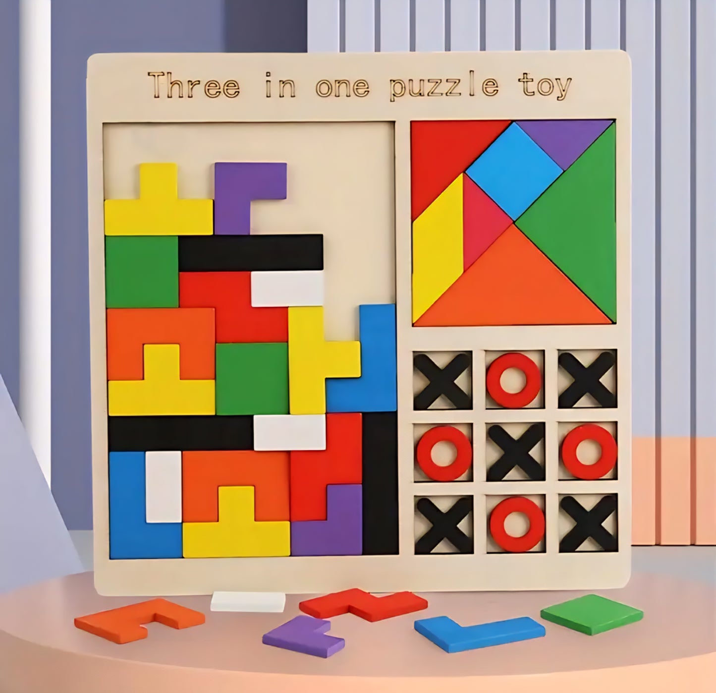 3-in-1 Colorful Tangram, Tetris & Tic-Tac-Toe Puzzle Game for Kids
