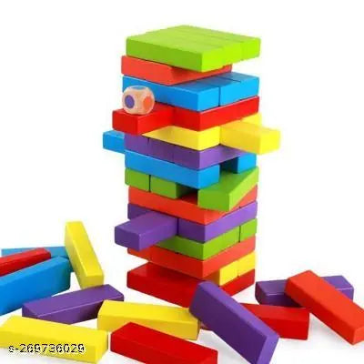 54-Piece Wooden Tumbling Tower Game – Stack, Roll & Play with 4 Dice!