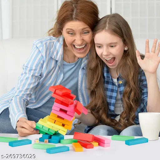 54-Piece Wooden Tumbling Tower Game – Stack, Roll & Play with 4 Dice!