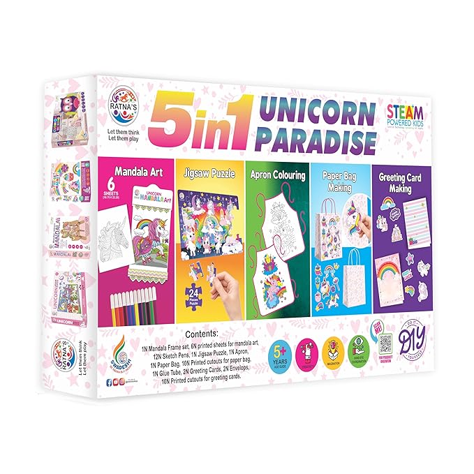 5 in 1 Unicorn Paradise Kit with Activities Like Mandala Art, Jigsaw Puzzle, Apron Colouring, Paper Bag Making & Greeting Card Making Art & Craft Creative Kit for Kids