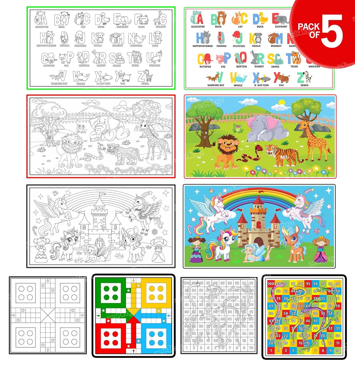 5-in-1 Reusable & Washable Coloring Mat for Kids | DIY Sketch & Drawing Art & Craft Set | Non-Toxic, Easy Clean | Pack of 5 | Perfect Gift for Boys & Girls | ToyBuddy.in