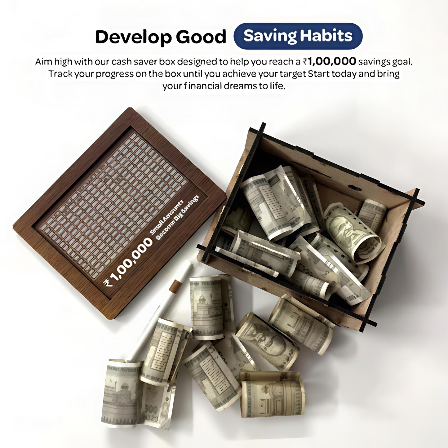 Wooden Piggy Bank with ₹1,00,000 Goal Tracker – Smart Saving Box for Kids & Adults