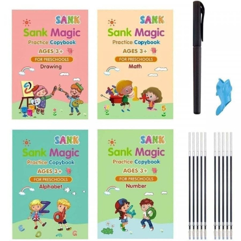 Magic Practice Copybook Set – Reusable Handwriting & Tracing Fun for Ages 2–5 (4 Books + Refills + Pen)