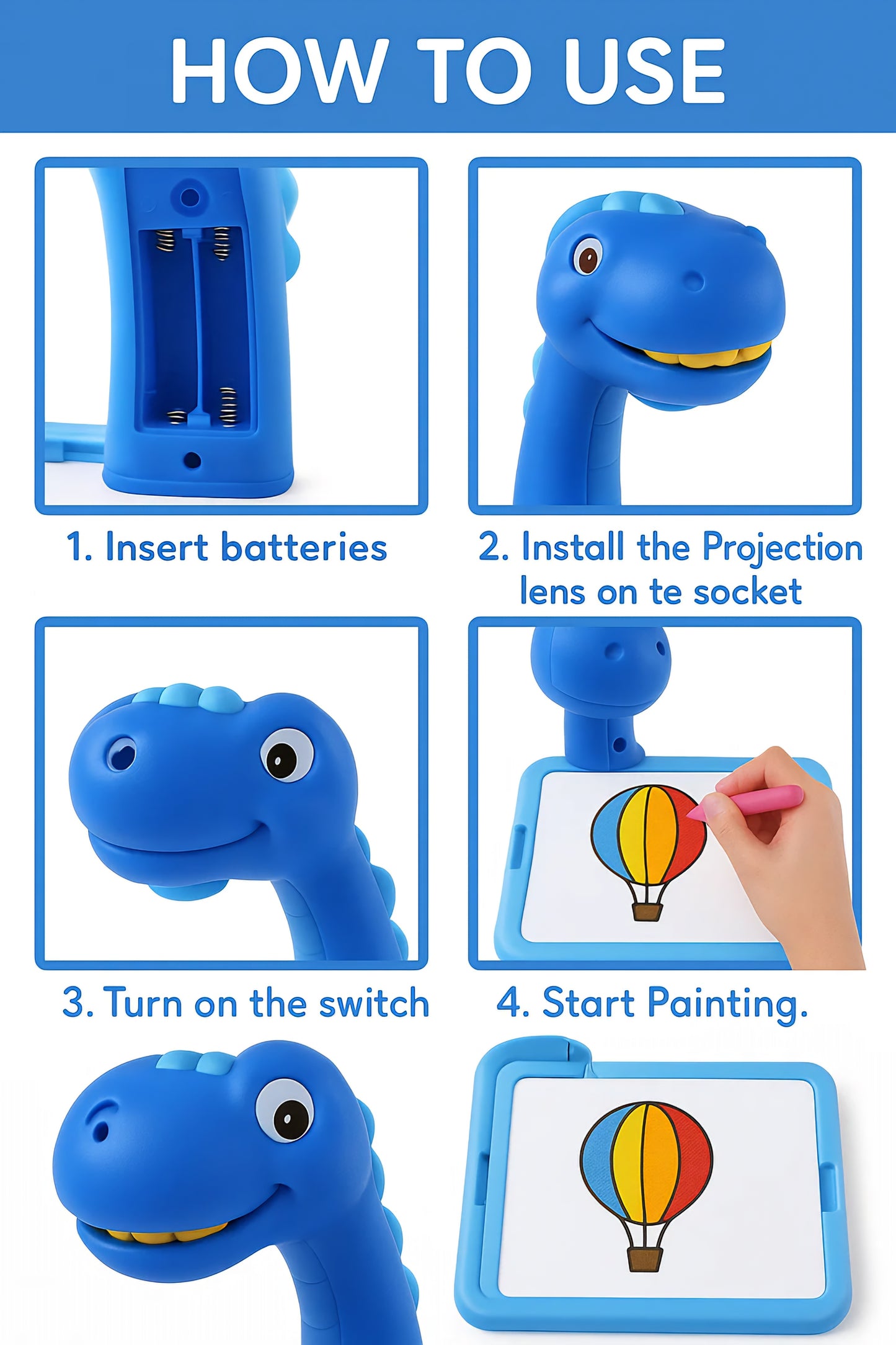 ToyBuddy Dino Theme Smart Projection Drawing Board with Music – Trace & Draw Projector Toy for Kids Age 3+ (Blue, Art Supplies Included)