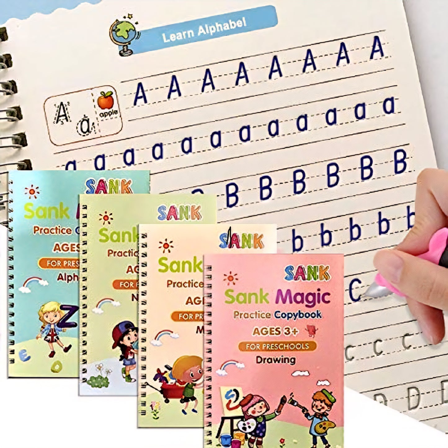 Magic Practice Copybook Set – Reusable Handwriting & Tracing Fun for Ages 2–5 (4 Books + Refills + Pen)