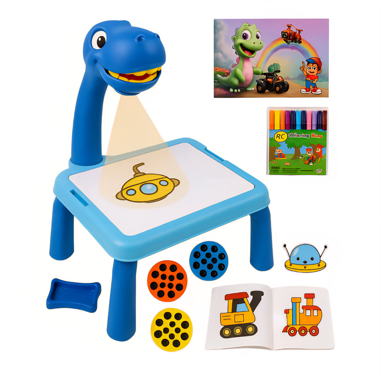 ToyBuddy Dino Theme Smart Projection Drawing Board with Music – Trace & Draw Projector Toy for Kids Age 3+ (Blue, Art Supplies Included)
