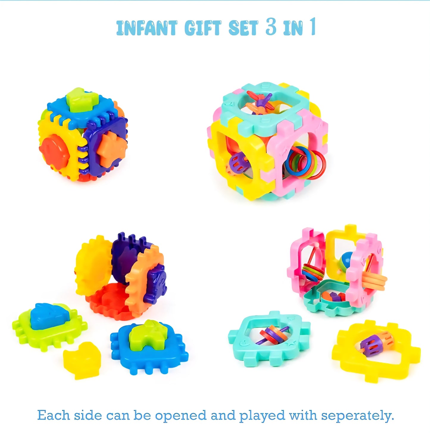 Ratna's 3-in-1 Infants Gift Set – Hammer Ball, Rattle & Nursery Cube | Montessori Learning Toys for Babies & Toddlers (Sold by ToyBuddy)