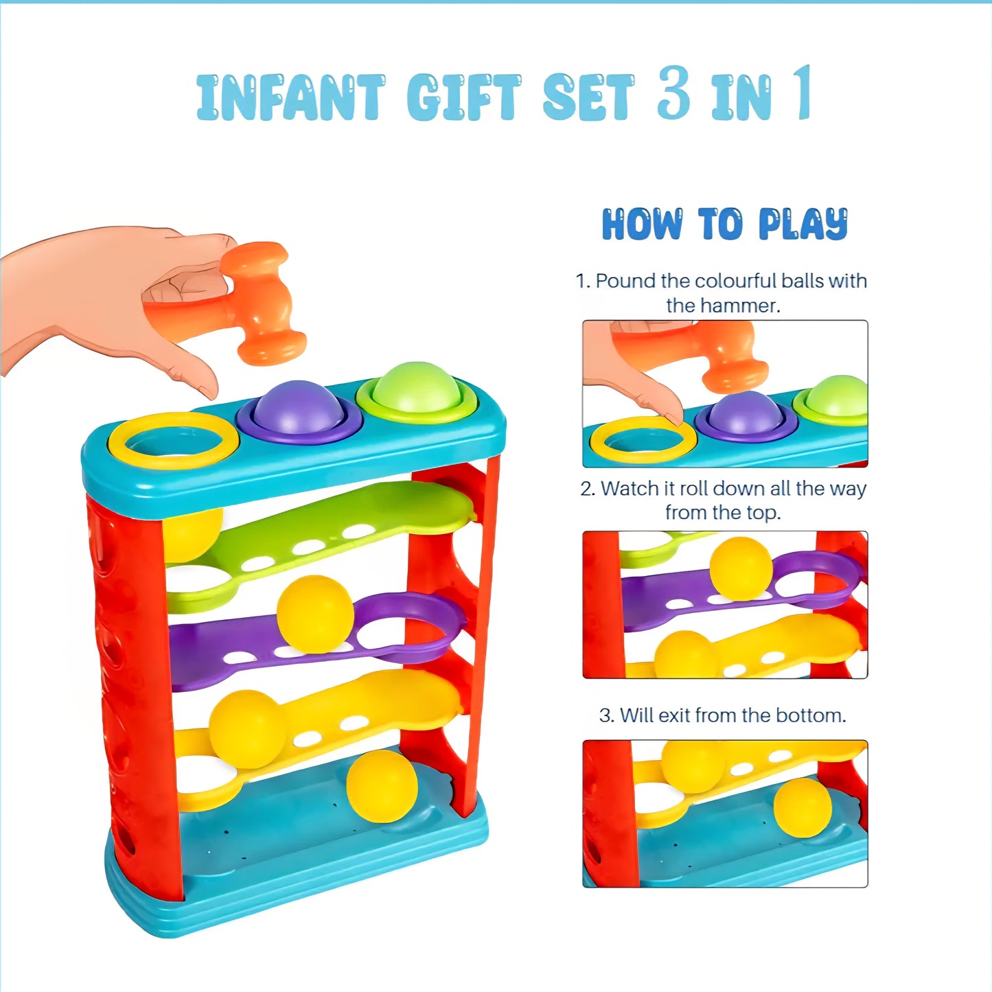 Ratna's 3-in-1 Infants Gift Set – Hammer Ball, Rattle & Nursery Cube | Montessori Learning Toys for Babies & Toddlers (Sold by ToyBuddy)