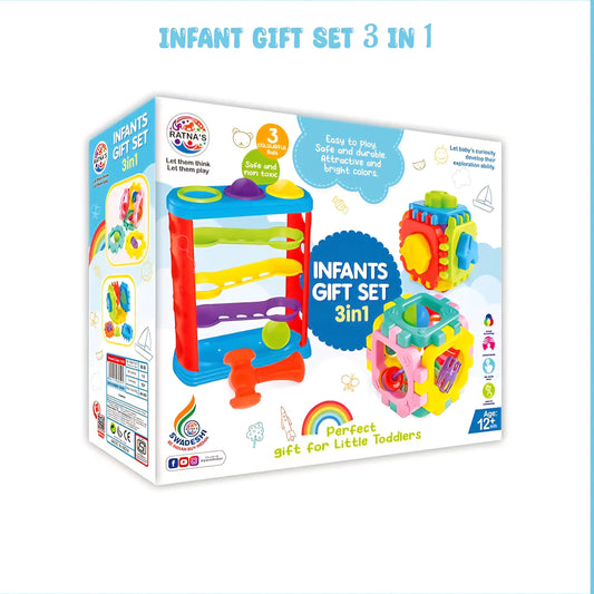 Ratna's 3-in-1 Infants Gift Set – Hammer Ball, Rattle & Nursery Cube | Montessori Learning Toys for Babies & Toddlers (Sold by ToyBuddy)