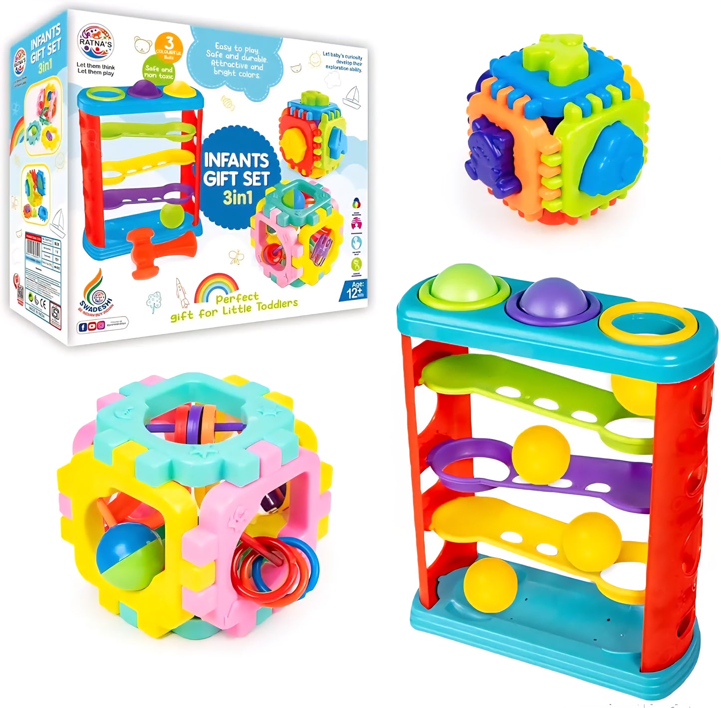 Ratna's 3-in-1 Infants Gift Set – Hammer Ball, Rattle & Nursery Cube | Montessori Learning Toys for Babies & Toddlers (Sold by ToyBuddy)